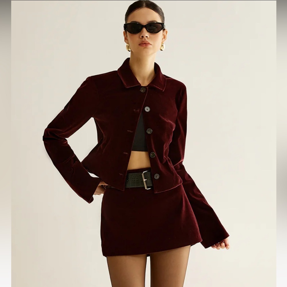 Chic Burgundy Velvet Jacket and Skirt Set